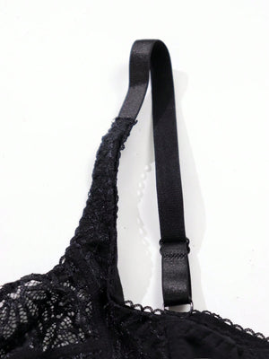 Plus Size Women's Black Sexy Lace Thin Underwire Bra, Full Coverage Lingerie, Halloween - Negative Apparel