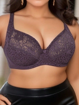 Plus Size Women's Black Sexy Lace Thin Underwire Bra, Full Coverage Lingerie, Halloween - Negative Apparel