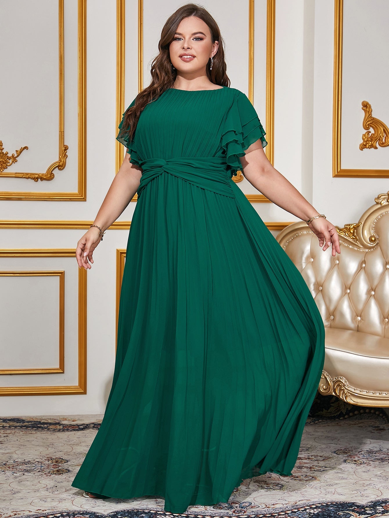 Plus size women's solid color chiffon pleated dress elegant long dress - Negative Apparel