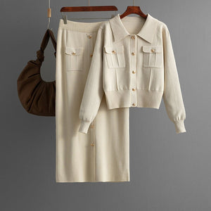 Polo collar fashion suit women's autumn and winter new sweater cardigan top knitted skirt two - piece set - Negative Apparel