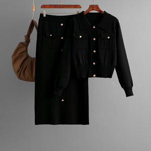 Polo collar fashion suit women's autumn and winter new sweater cardigan top knitted skirt two - piece set - Negative Apparel