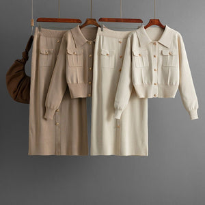 Polo collar fashion suit women's autumn and winter new sweater cardigan top knitted skirt two - piece set - Negative Apparel