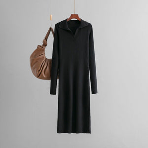 POLO collar knitted solid color slim - fitting and thin bottoming dress - Negative Apparel