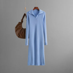 POLO collar knitted solid color slim - fitting and thin bottoming dress - Negative Apparel
