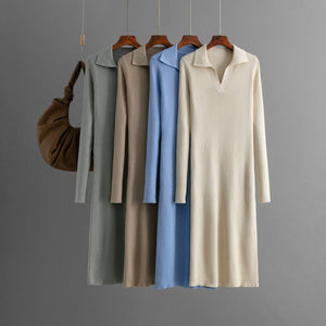 POLO collar knitted solid color slim - fitting and thin bottoming dress - Negative Apparel