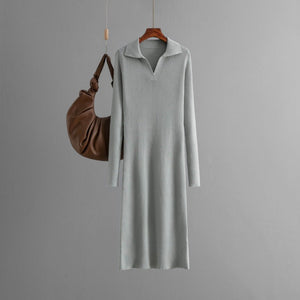POLO collar knitted solid color slim - fitting and thin bottoming dress - Negative Apparel