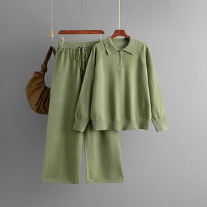 Polo collar semi - zipper casual knitted sweater wide - leg pants two - piece set - Negative Apparel