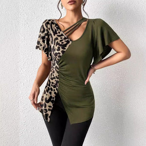 Popular leopard print asymmetric collar butterfly sleeve splicing top women - Negative Apparel