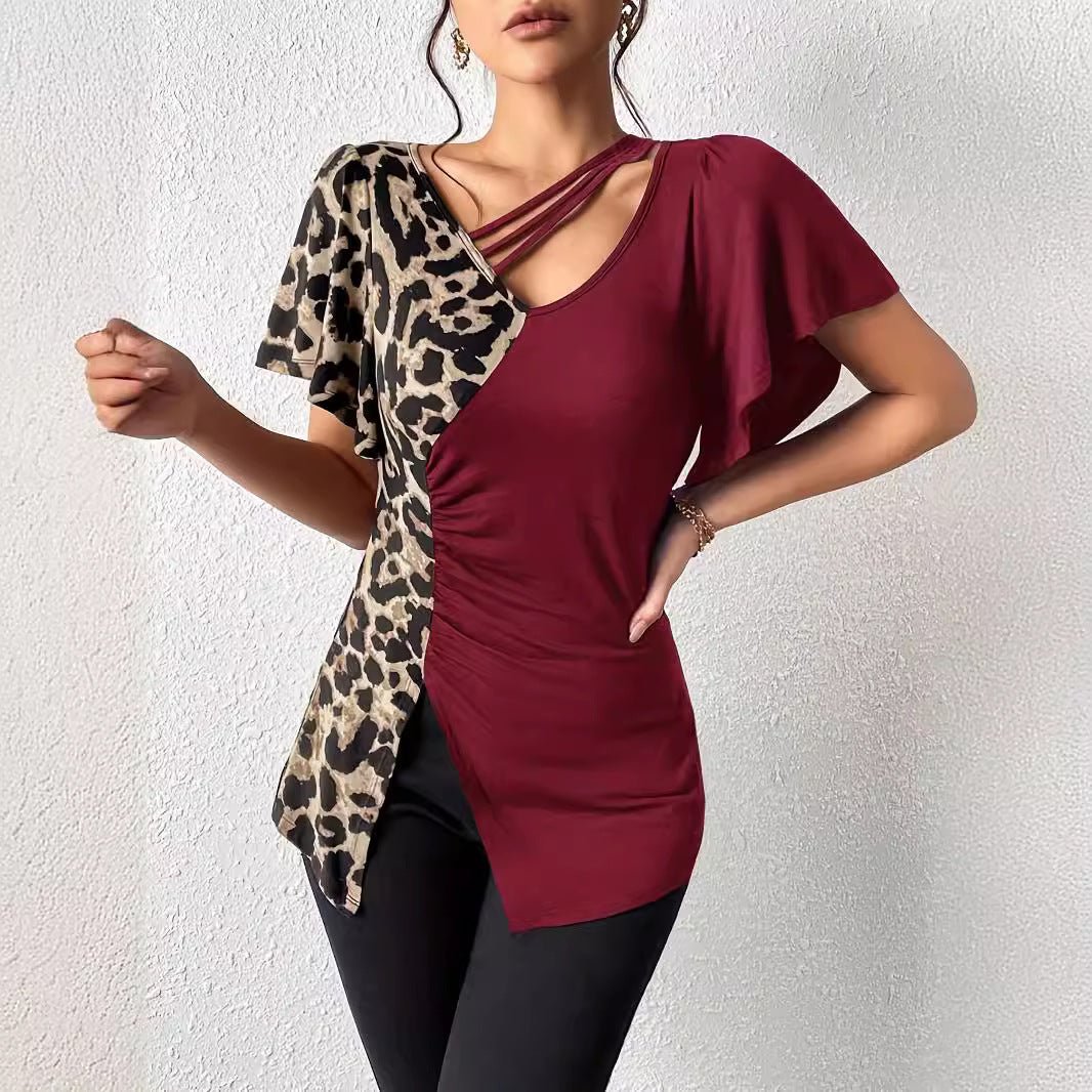 Popular leopard print asymmetric collar butterfly sleeve splicing top women - Negative Apparel