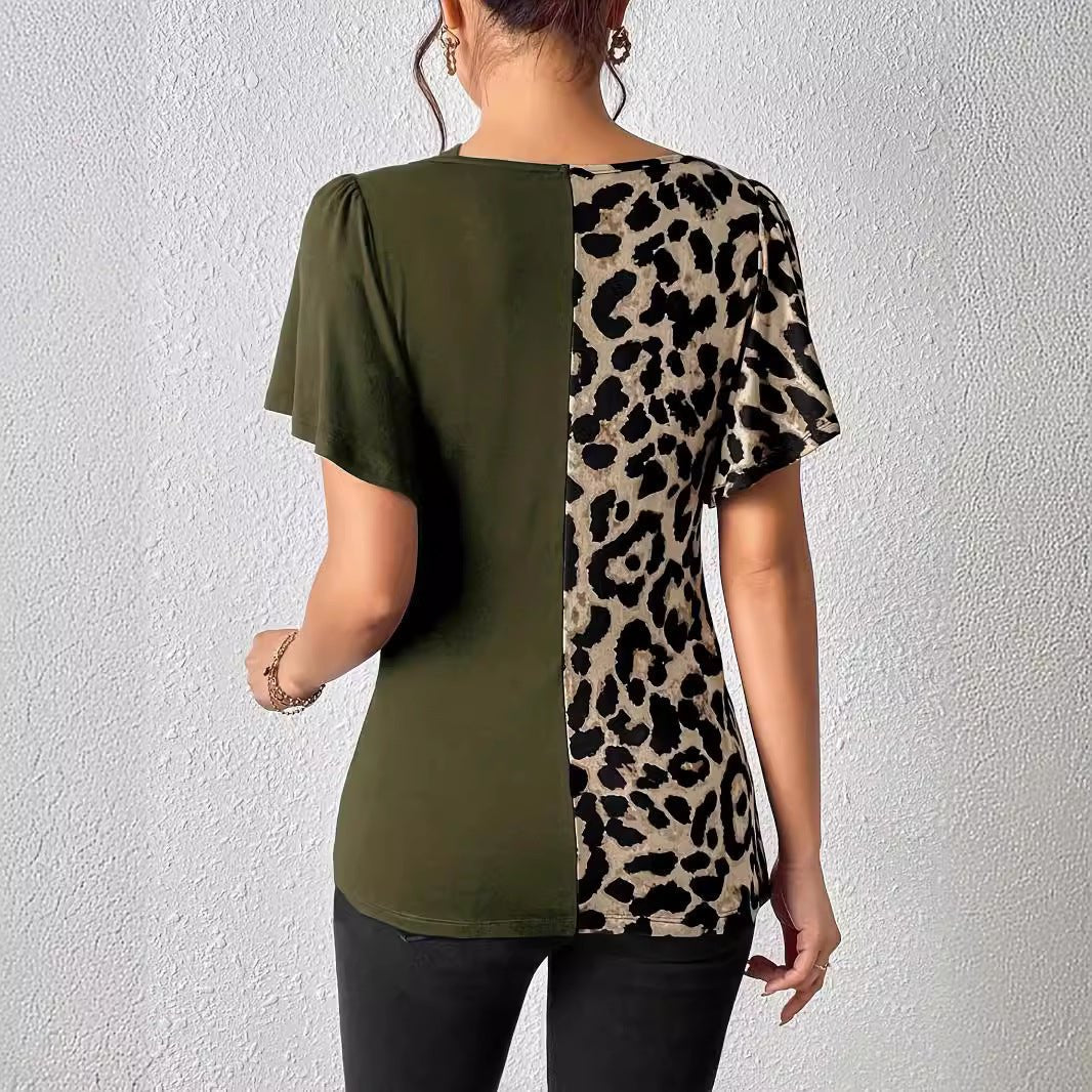 Popular leopard print asymmetric collar butterfly sleeve splicing top women - Negative Apparel
