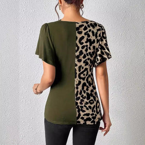 Popular leopard print asymmetric collar butterfly sleeve splicing top women - Negative Apparel