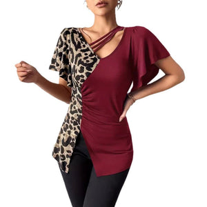 Popular leopard print asymmetric collar butterfly sleeve splicing top women - Negative Apparel