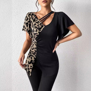 Popular leopard print asymmetric collar butterfly sleeve splicing top women - Negative Apparel