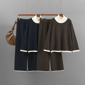 Premium Knitted suit casual contrasting splicing top loose and thin wide - leg pants two - piece set for women - Negative Apparel