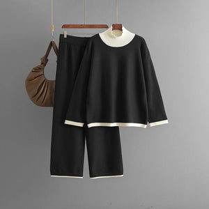 Premium Knitted suit casual contrasting splicing top loose and thin wide - leg pants two - piece set for women - Negative Apparel