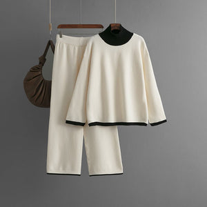 Premium Knitted suit casual contrasting splicing top loose and thin wide - leg pants two - piece set for women - Negative Apparel