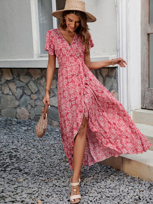 Printed short - sleeved one - piece tie skirt beach holiday style swing dress - Negative Apparel