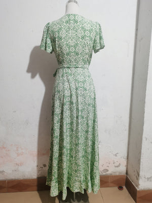 Printed short - sleeved one - piece tie skirt beach holiday style swing dress - Negative Apparel