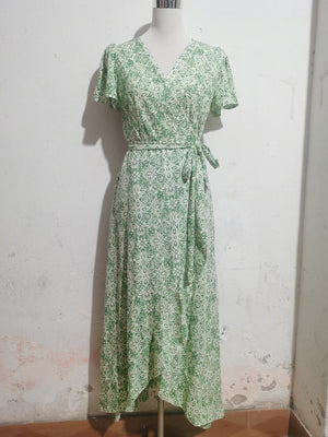 Printed short - sleeved one - piece tie skirt beach holiday style swing dress - Negative Apparel