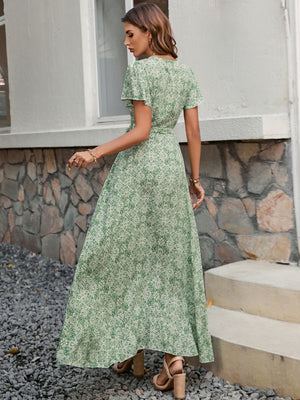 Printed short - sleeved one - piece tie skirt beach holiday style swing dress - Negative Apparel