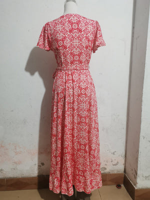 Printed short - sleeved one - piece tie skirt beach holiday style swing dress - Negative Apparel