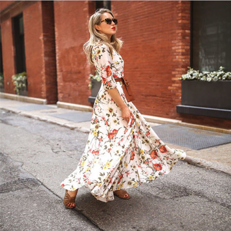 Printed Swing Floral Slim Long Dress - Negative Apparel