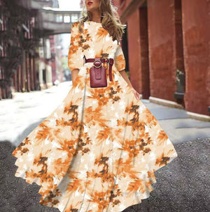 Printed Swing Floral Slim Long Dress - Negative Apparel