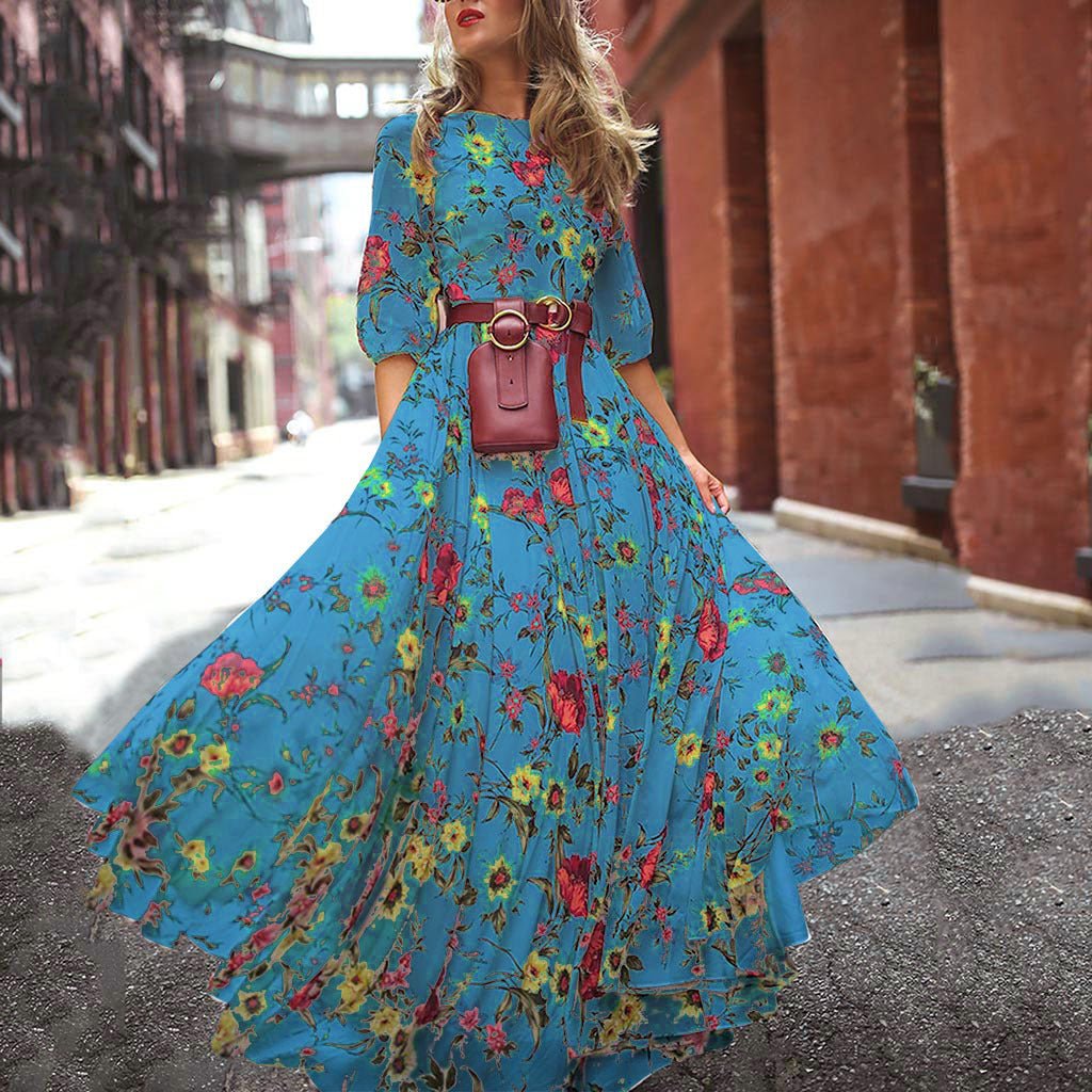 Printed Swing Floral Slim Long Dress - Negative Apparel