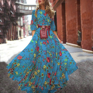Printed Swing Floral Slim Long Dress - Negative Apparel