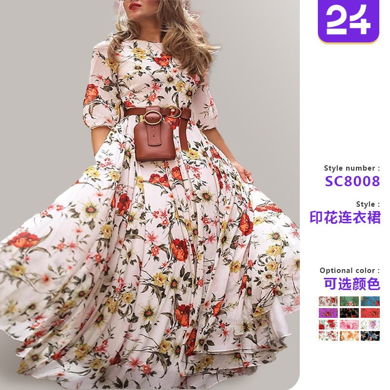 Printed Swing Floral Slim Long Dress - Negative Apparel