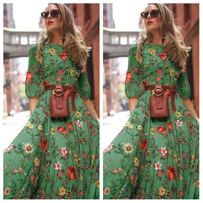 Printed Swing Floral Slim Long Dress - Negative Apparel