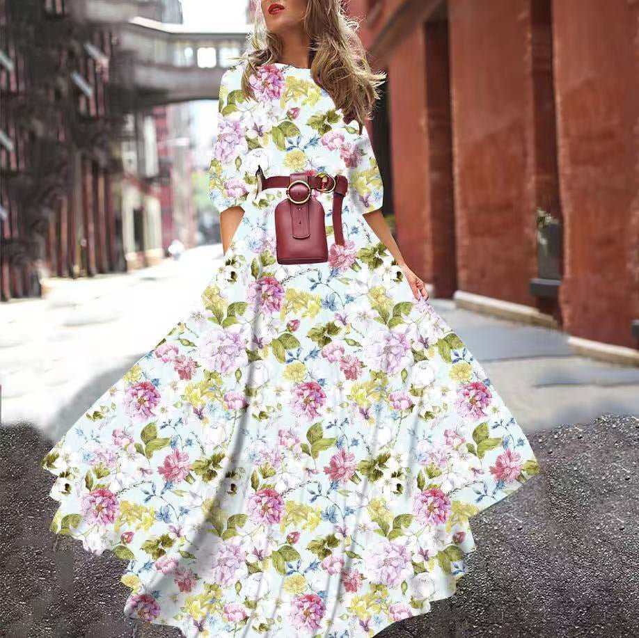 Printed Swing Floral Slim Long Dress - Negative Apparel