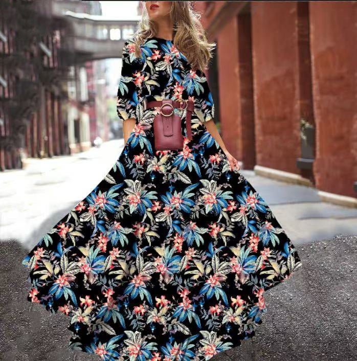 Printed Swing Floral Slim Long Dress - Negative Apparel