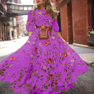 Printed Swing Floral Slim Long Dress - Negative Apparel