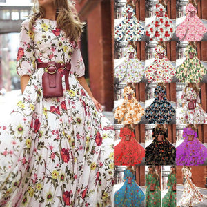 Printed Swing Floral Slim Long Dress - Negative Apparel