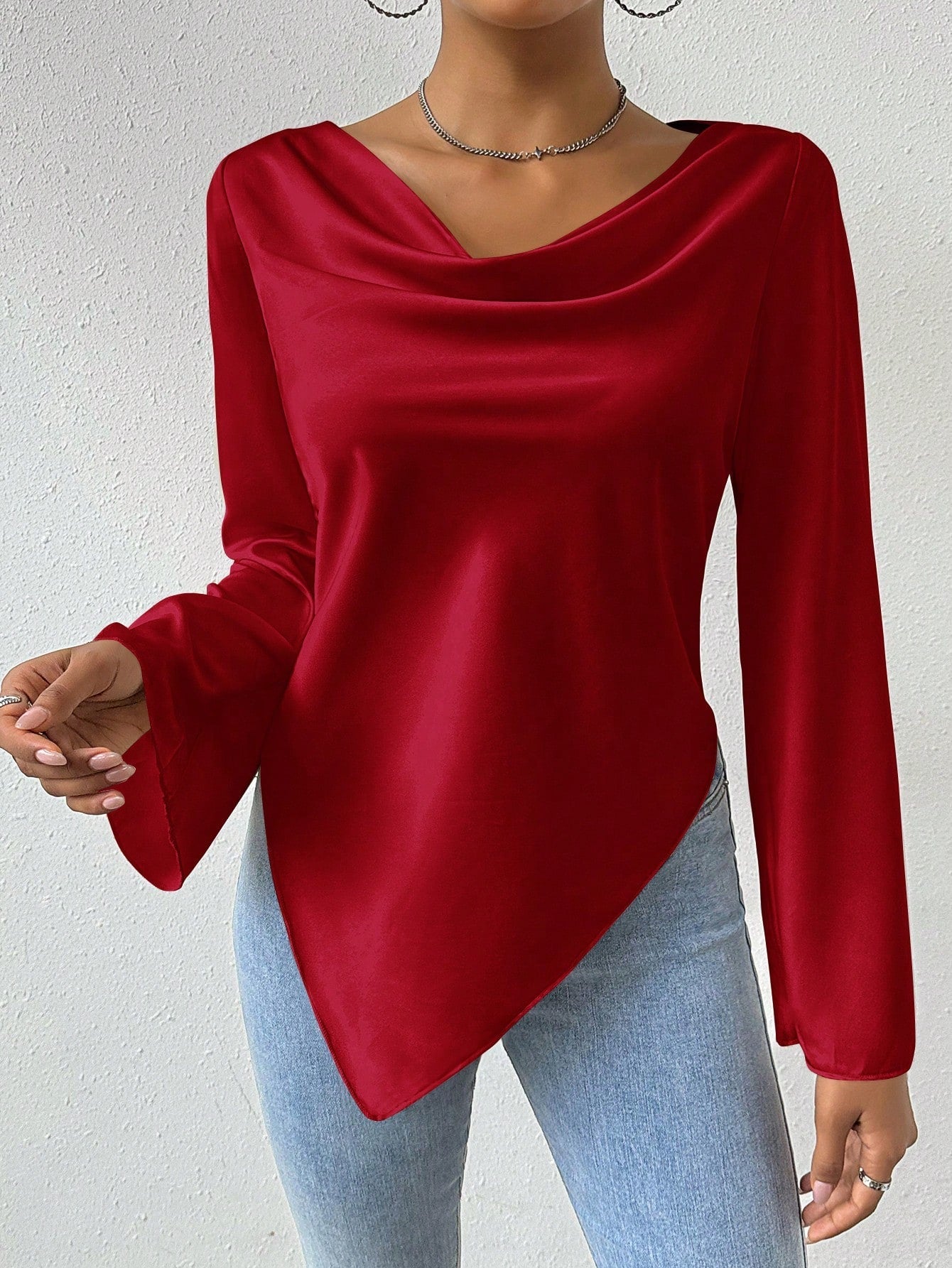 Privé Drape Collar Asymmetric Hem Blouse With Flare Sleeves Privé Drape Collar Asymmetric Hem Blouse With Flare Sleeves