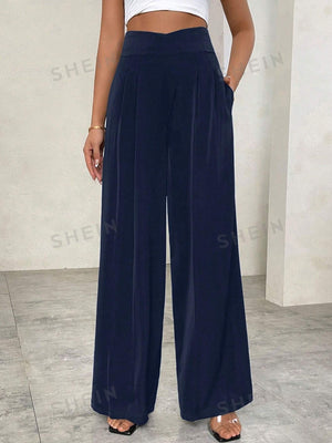 Privé Plain Asymmetrical Waist High Waist Wide Leg Pants - Negative Apparel
