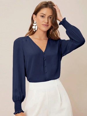 Privé Solid Button Front Lantern Sleeve Blouse - Negative Apparel