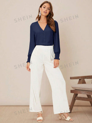 Privé Solid Button Front Lantern Sleeve Blouse - Negative Apparel