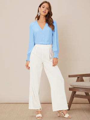 Privé Solid Button Front Lantern Sleeve Blouse - Negative Apparel