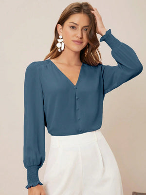 Privé Solid Button Front Lantern Sleeve Blouse - Negative Apparel