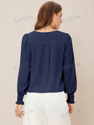 Privé Solid Button Front Lantern Sleeve Blouse - Negative Apparel