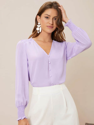 Privé Solid Button Front Lantern Sleeve Blouse - Negative Apparel