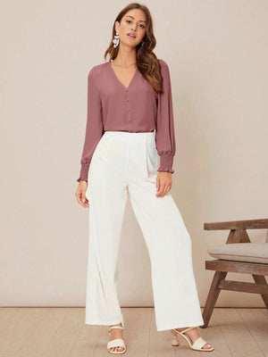 Privé Solid Button Front Lantern Sleeve Blouse - Negative Apparel