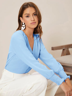 Privé Solid Button Front Lantern Sleeve Blouse - Negative Apparel