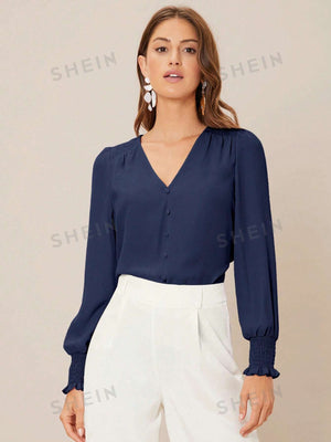 Privé Solid Button Front Lantern Sleeve Blouse - Negative Apparel