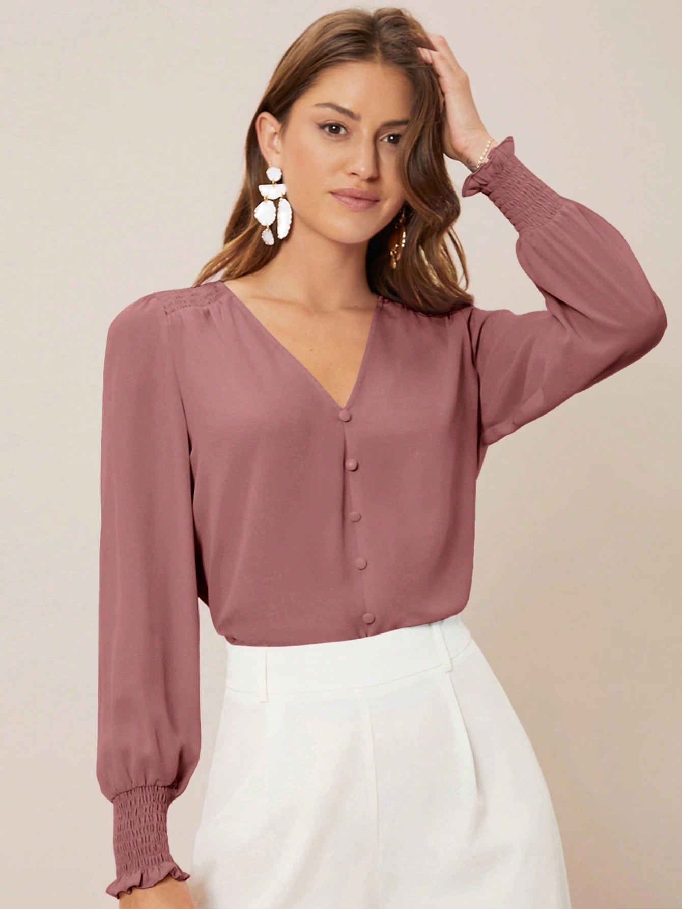 Privé Solid Button Front Lantern Sleeve Blouse - Negative Apparel