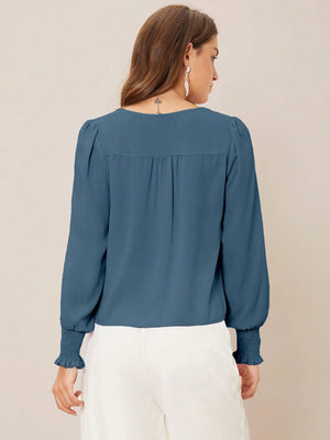 Privé Solid Button Front Lantern Sleeve Blouse - Negative Apparel