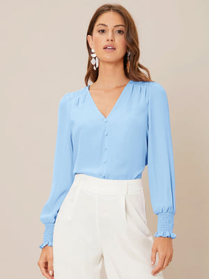 Privé Solid Button Front Lantern Sleeve Blouse - Negative Apparel