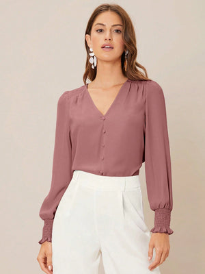 Privé Solid Button Front Lantern Sleeve Blouse - Negative Apparel